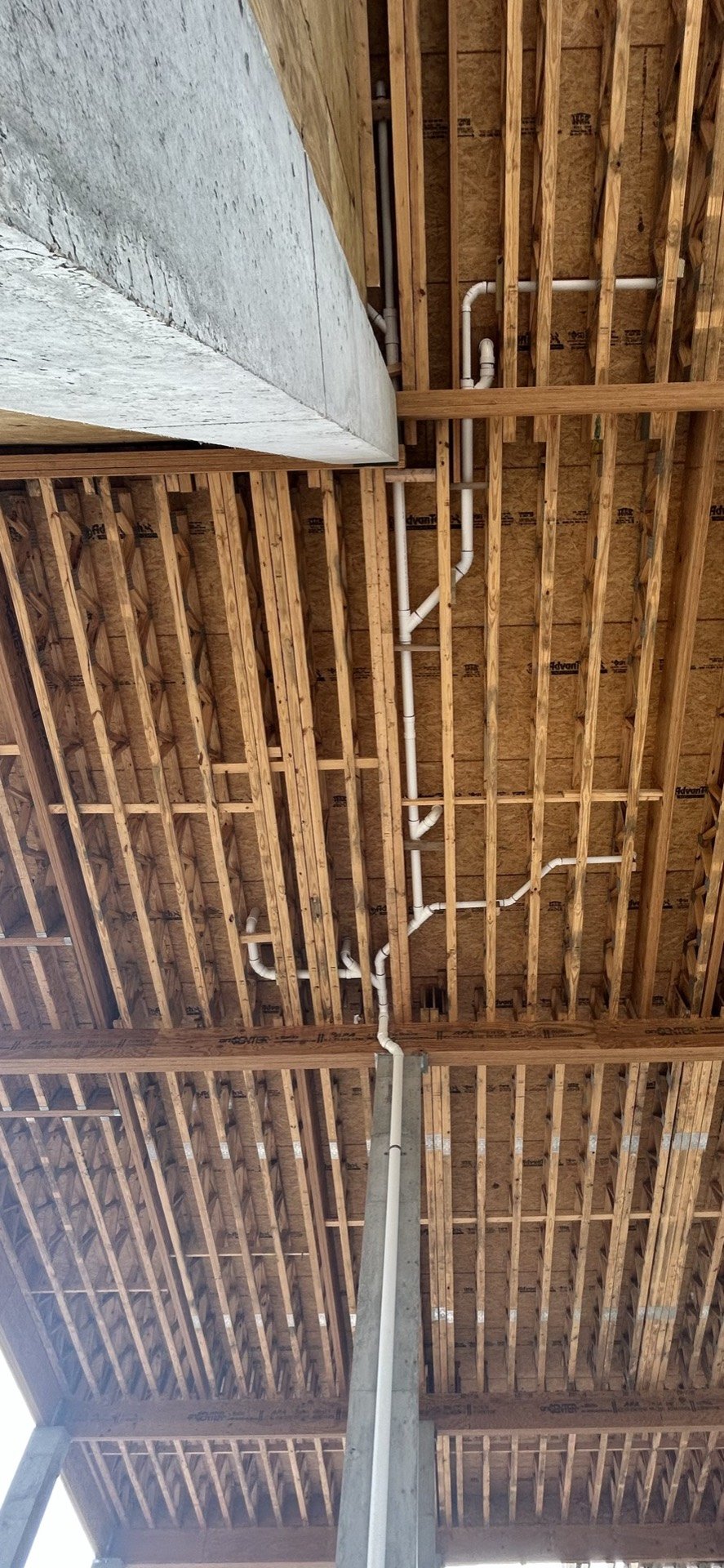 PVC drain and vent piping routed through floor joists during rough-in